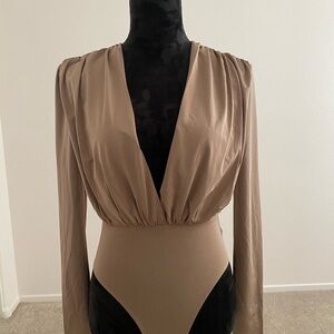 SHEIN Deep V-Neck Tan Bodysuit